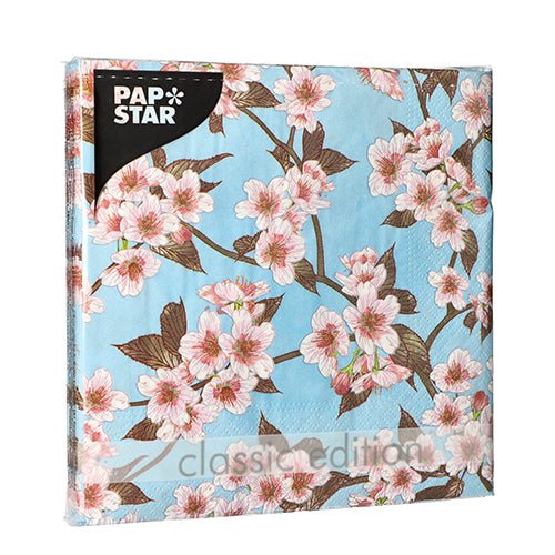 A 20-piece set of PAPSTAR napkins, 33x33 cm, 3-ply, 1/4-fold, design set 5 by PAPSTAR GmbH. The transparent packaging shows the floral pattern and brand labels.