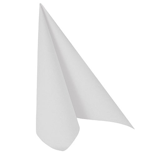 A single white PAPSTAR napkin "ROYAL Collection" (40x40 cm, 1/4 fold) of PAPSTAR GmbH is depicted upright in a triangular fold on a plain white background.