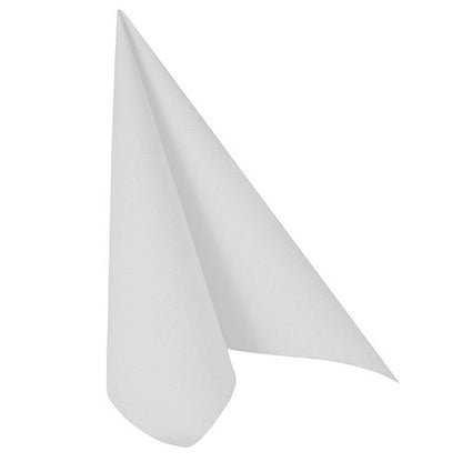 A single white PAPSTAR napkin "ROYAL Collection" (40x40 cm, 1/4 fold) of PAPSTAR GmbH is depicted upright in a triangular fold on a plain white background.
