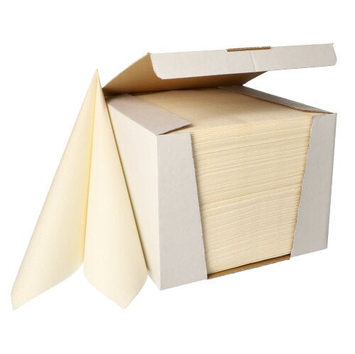 In a white box from PAPSTAR GmbH, 100 napkins of the "ROYAL Collection" in 1/4-fold format 40 x 40 cm are displayed. Two beige napkins are partially pulled out in front, highlighting their high-quality material.
