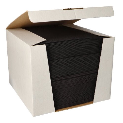 In an opened box, there are 100 neatly packed black paper napkins, PAPSTAR "ROYAL Collection" 1/4 fold (40x40 cm), from PAPSTAR GmbH, made from high-quality material for an elegant touch.
