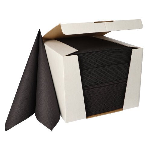 In a white cardboard box of PAPSTAR GmbH, there are 100 black 1/4 fold napkins (40x40 cm) of the "ROYAL Collection", with two luxurious napkins partially pulled out and standing upright next to the box.