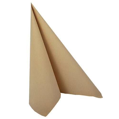 A single brown PAPSTAR 100 napkins "ROYAL Collection" 1/4 fold (40x40 cm) napkin of PAPSTAR GmbH is folded upright into a triangle and placed on a white background.