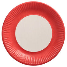 The PAPSTAR 20 plates, round paper Ø 23 cm from PAPSTAR GmbH is a simple round paper plate with a red rim and white center, making it ideal for events thanks to its simple, patternless design. Viewed from above, it looks simple and classic.