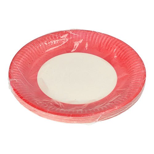 The PAPSTAR 20 plates, round paper Ø 23 cm from PAPSTAR GmbH has a red rim and a white center, is delivered in a transparent plastic packaging, and is ideal for events – shown here on a white background.