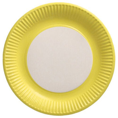 The 20 plates from PAPSTAR GmbH are round yellow paper plates with a white center and a diameter of 23 cm, depicted from above on a simple white background – ideal for events.