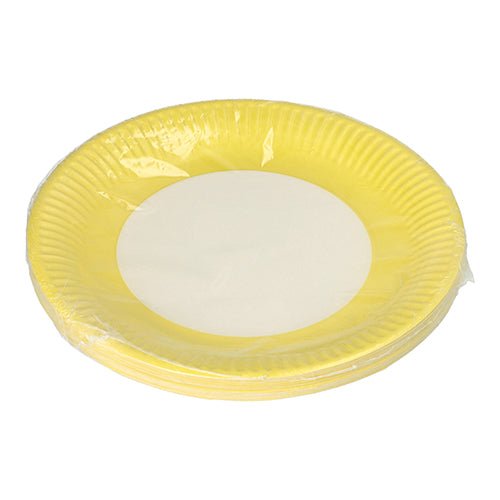 PAPSTAR GmbH 20 round paper plates Ø 23 cm, yellow with a white center, packed in transparent foil – ideal for events and celebrations.
