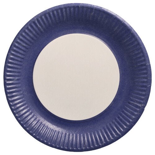 The 20 plates, round paper Ø 23 cm from PAPSTAR GmbH has a white center with a dark blue rim, depicted from above on a white background – ideal for events.
