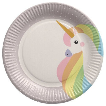 The PAPSTAR GmbH 10 paper plates, round Ø 23 cm, are in light gray with a colorful unicorn head and subtly patterned rim - ideal for parties and events.