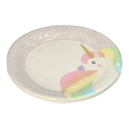A stack of PAPSTAR 10 plates, paper round Ø 23 cm from PAPSTAR GmbH, partially wrapped in foil and decorated with a colorful cartoon unicorn - ideal for parties and events.
