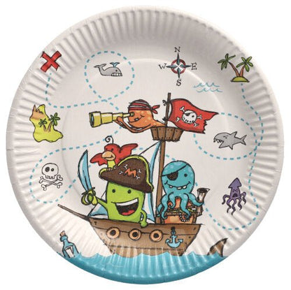 The 10 plates from PAPSTAR GmbH, paper round, Ø 23 cm, feature cartoon pirate sea creatures on a ship, treasure map background, palm trees, compass, island, whale, shark, and purple octopus - ideal for parties and events.