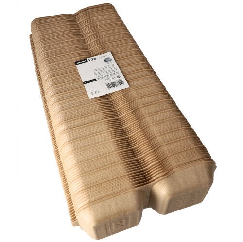 A stack of Starpak 125 large hamburger boxes with a hinged lid, XPP 7x15x15cm beige (125 pieces) is shown, bundled with a label on top – ideal for transporting and serving hamburgers.