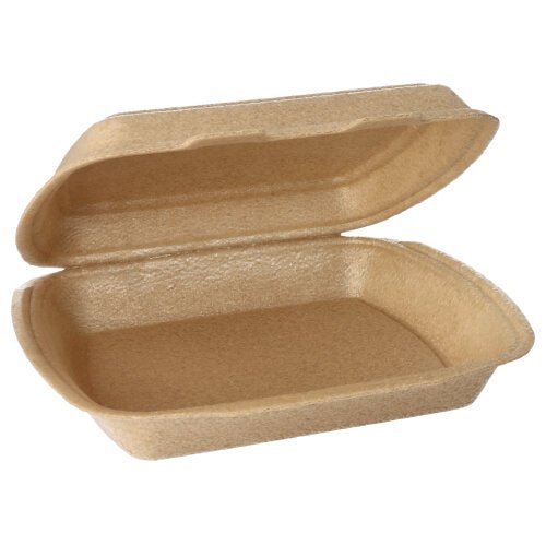The Starpak 50 menu boxes with hinged lid, XPP (7x20.5x24cm, beige) are rectangular, compostable menu boxes with a hinged lid – ideal for transporting food. The content is empty and ready for immediate use.