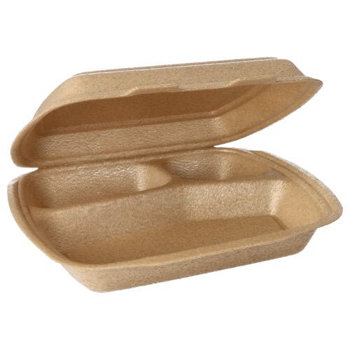 The Starpak 50 menu boxes with hinged lid (beige, 7x20.5x24 cm) are ideal for transporting food with their divided compartments and textured surface when opened.