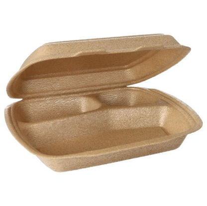 The Starpak 50 menu boxes with hinged lid (beige, 7x20.5x24 cm) are ideal for transporting food with their divided compartments and textured surface when opened.