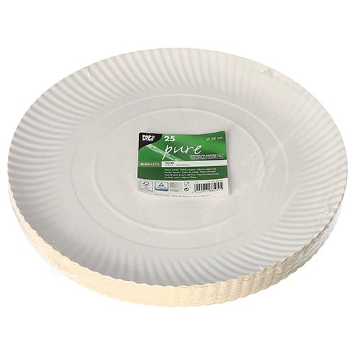 PAPSTAR GmbH 25 plates, cardboard "pure" round white: White disposable cardboard plates made from sustainable cardboard, each pack contains 25 environmentally friendly plates with a fluted edge and green-white label, packed in transparent foil.