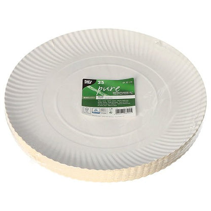 PAPSTAR GmbH 25 plates, cardboard "pure" round white: White disposable cardboard plates made from sustainable cardboard, each pack contains 25 environmentally friendly plates with a fluted edge and green-white label, packed in transparent foil.