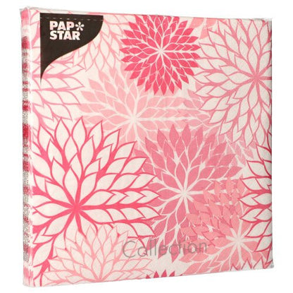 A pack of PAPSTAR 20 napkins from PAPSTAR GmbH, 3-ply, 40x40 cm, 1/4-fold, with a pink-white overlapping floral pattern.