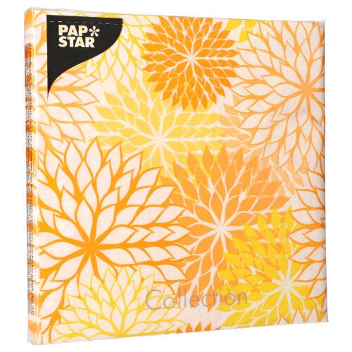 A pack of 20 3-ply napkins (40 cm x 40 cm, 1/4 fold) from PAPSTAR GmbH features a yellow-orange floral pattern on white, with the brand name visible in the top left corner.