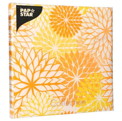 A pack of 20 3-ply napkins (40 cm x 40 cm, 1/4 fold) from PAPSTAR GmbH features a yellow-orange floral pattern on white, with the brand name visible in the top left corner.