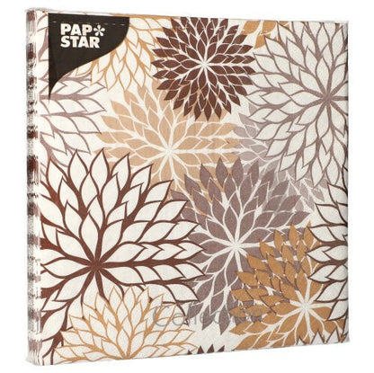 A pack of 20 3-ply napkins (40x40 cm, 1/4-fold) from PAPSTAR GmbH features a floral pattern in brown, beige, and light gray on white and is delivered in a transparent packaging that showcases the stylish design.