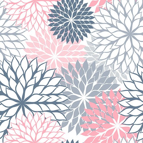 The 20 napkins from PAPSTAR GmbH in the format 40 cm x 40 cm in 3-ply 1/4 fold feature a seamless pattern with large, overlapping pink, navy blue, and light gray floral motifs on white with pointed petals in a stylish, repeating layout.