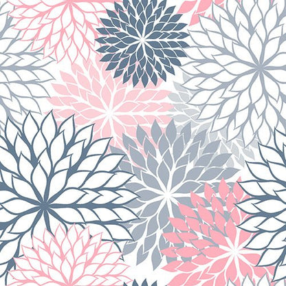 The 20 napkins from PAPSTAR GmbH in the format 40 cm x 40 cm in 3-ply 1/4 fold feature a seamless pattern with large, overlapping pink, navy blue, and light gray floral motifs on white with pointed petals in a stylish, repeating layout.