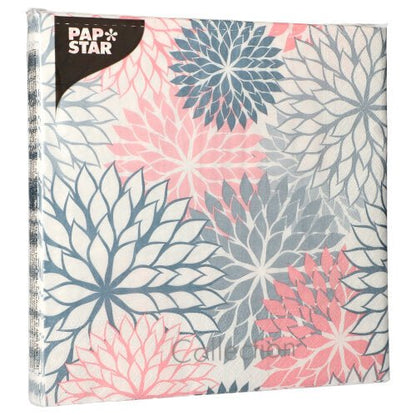A 3-ply napkin from PAPSTAR GmbH, 40 x 40 cm, with a floral design of large pink, blue, and gray flowers and the PAPSTAR logo in the top left corner; delivered in a pack of 20 with 1/4 fold.