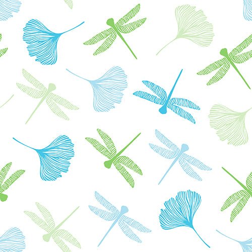 A seamless pattern of stylized dragonflies and ginkgo leaves in blue and green adorns the PAPSTAR 20 napkins (40x40 cm, 3-ply, 1/4-fold) from PAPSTAR GmbH. On a white background, evenly distributed elements appear in various directions.