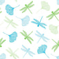 A seamless pattern of stylized dragonflies and ginkgo leaves in blue and green adorns the PAPSTAR 20 napkins (40x40 cm, 3-ply, 1/4-fold) from PAPSTAR GmbH. On a white background, evenly distributed elements appear in various directions.