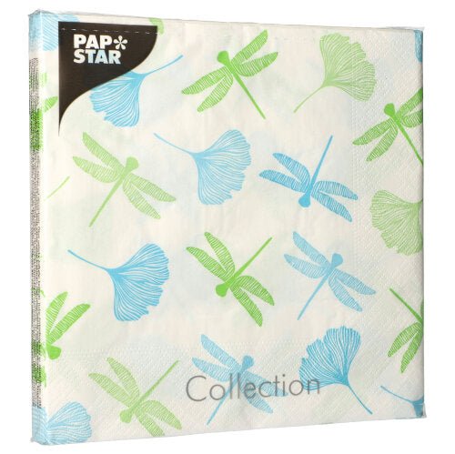 The PAPSTAR 20 napkins (40x40 cm, 3-ply, 1/4-fold) from PAPSTAR GmbH feature green and blue dragonflies with ginkgo leaves on a white background and the print "Collection" at the bottom.
