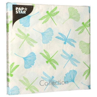 The PAPSTAR 20 napkins (40x40 cm, 3-ply, 1/4-fold) from PAPSTAR GmbH feature green and blue dragonflies with ginkgo leaves on a white background and the print "Collection" at the bottom.