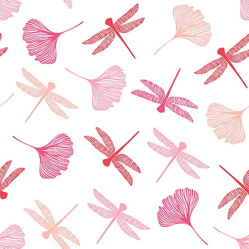 A seamless pattern with pink and red dragonflies and ginkgo leaves on white adorns the PAPSTAR 20 napkins (40x40 cm, 3-ply, 1/4-fold) from PAPSTAR GmbH.