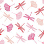 A seamless pattern with pink and red dragonflies and ginkgo leaves on white adorns the PAPSTAR 20 napkins (40x40 cm, 3-ply, 1/4-fold) from PAPSTAR GmbH.