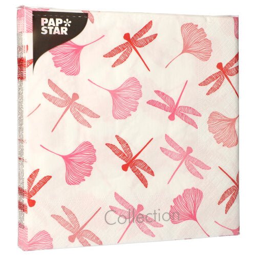 The PAPSTAR 20 napkins (40x40 cm, 3-ply, 1/4-fold) from PAPSTAR GmbH feature pink and red dragonflies and ginkgo leaves on a white background, with the "PAP STAR" logo at the top left and "Collection" at the bottom for a soft feel.
