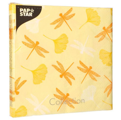 A yellow napkin from PAPSTAR GmbH (40x40 cm, 3-ply, 1/4 fold) with orange-white dragonfly and ginkgo leaves. In a pack of 20, ideal for special occasions. Inscription “Papstar” in the top left corner.