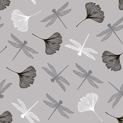 A seamless dragonfly and ginkgo leaf pattern in black, white, and gray on light gray – perfect for PAPSTAR 20 napkins, 40x40 cm, 3-ply, 1/4 fold by PAPSTAR GmbH.