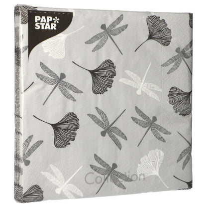 A gray, 3-ply paper napkin from PAPSTAR GmbH in the format 40 x 40 cm with a repeating pattern of black, white, and gray dragonflies and ginkgo leaves. The “PAPSTAR” logo is printed in the top left corner. The package contains 20 napkins.