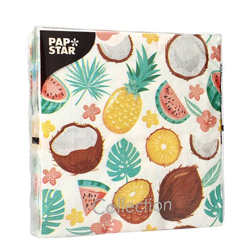PAPSTAR GmbH 20 napkins, 33x33 cm, 3-ply, design set 5: Colorful tropical motifs with pineapples, coconuts, watermelon, flowers, and green leaves on a white background.