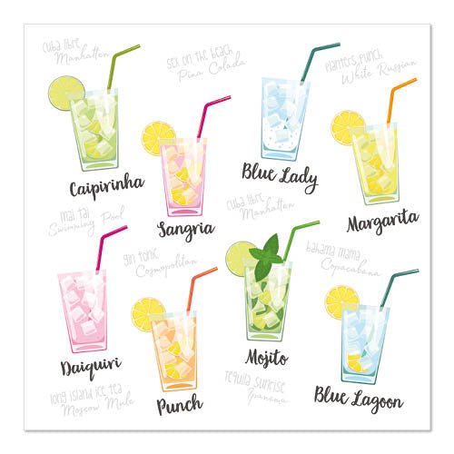 Illustration of nine labeled cocktails in glasses with garnishes and straws, set against PAPSTAR GmbH 20 napkins, 33 cm x 33 cm, 3-ply 1/4-fold design set 5 - perfect for stylish cocktail parties.