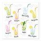 Illustration of nine labeled cocktails in glasses with garnishes and straws, set against PAPSTAR GmbH 20 napkins, 33 cm x 33 cm, 3-ply 1/4-fold design set 5 - perfect for stylish cocktail parties.
