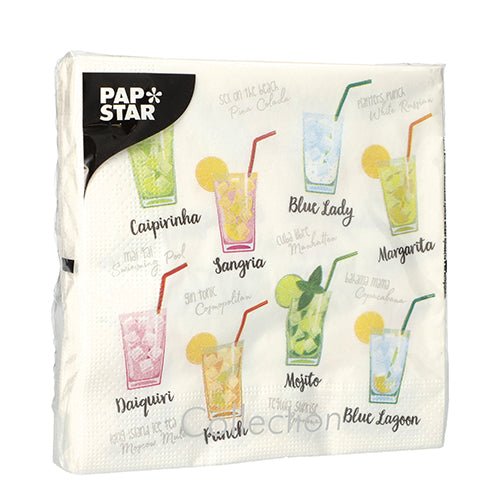 The 20 napkins (33x33 cm, 3-ply, 1/4-fold) Design Set 5 from PAPSTAR GmbH features colorful cocktail illustrations labeled with names like Caipirinha, Mojito, Margarita, and more.