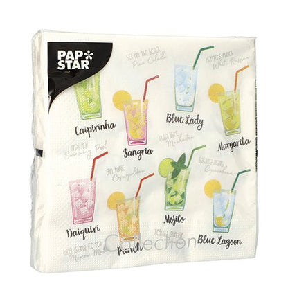 The 20 napkins (33x33 cm, 3-ply, 1/4-fold) Design Set 5 from PAPSTAR GmbH features colorful cocktail illustrations labeled with names like Caipirinha, Mojito, Margarita, and more.