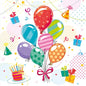 Colorful balloons, gifts, a birthday cake, party hats, confetti, and festive PAPSTAR 20 napkins (33 cm x 33 cm, 3-ply, Design Set 4) by PAPSTAR GmbH on a bright background.