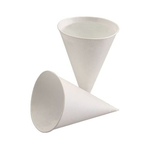 Two white, eco-friendly PAPSTAR 200 pointed cups made of sugarcane paper from PAPSTAR The GmbH logos are set against a plain background; one is upright, the other is turned to the side.