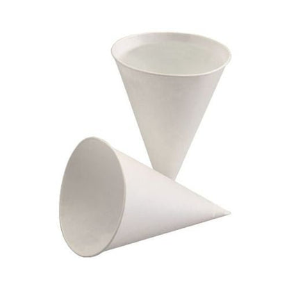 Two white, eco-friendly PAPSTAR 200 pointed cups made of sugarcane paper from PAPSTAR The GmbH logos are set against a plain background; one is upright, the other is turned to the side.