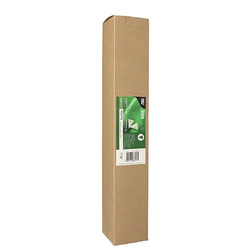 A rectangular, brown cardboard box is standing upright and has a green-and-white label on the front that reads “PAPSTAR "200 pointed cups made of sugarcane paper" from the PAPSTAR GmbH and a barcode.