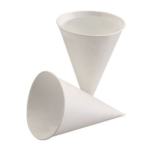 Two PAPSTAR 200 conical cups made from eco-friendly sugarcane paper by PAPSTAR Two GmbH logos are shown: one standing upright and one lying on its side, both on a white background.