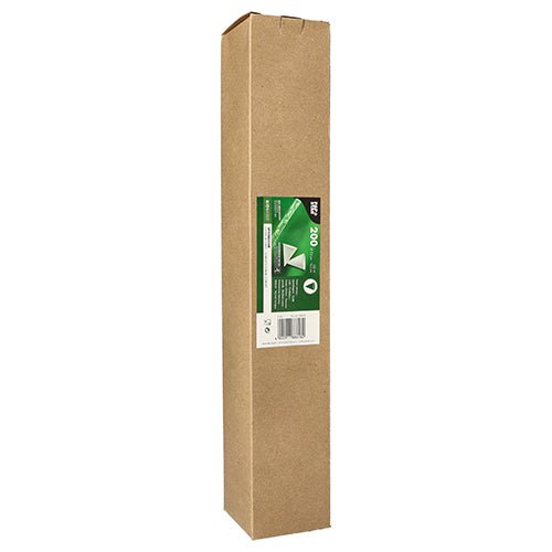 A tall, rectangular box from the PAPSTAR The GmbH made of sugarcane paper bears a green-and-white label with product information. The simple brown packaging holds 200 conical cups and stands upright on a white background.