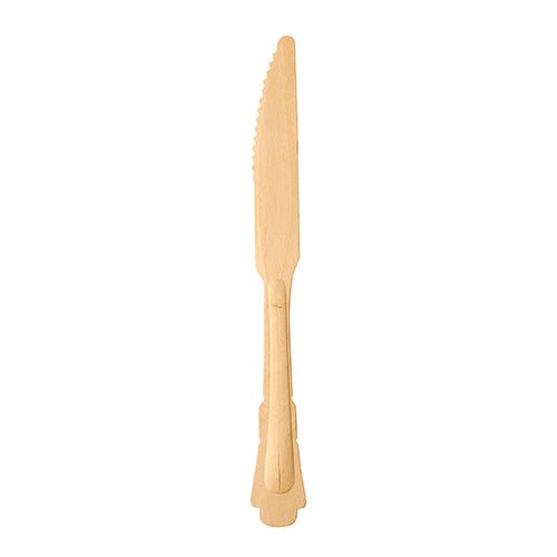 A PAPSTAR wooden knife "pure" 20.5 cm from PAPSTAR GmbH stands upright against a white background, showing its serrated edge, flat handle, and subtle vintage design; here one of six knives from the set.